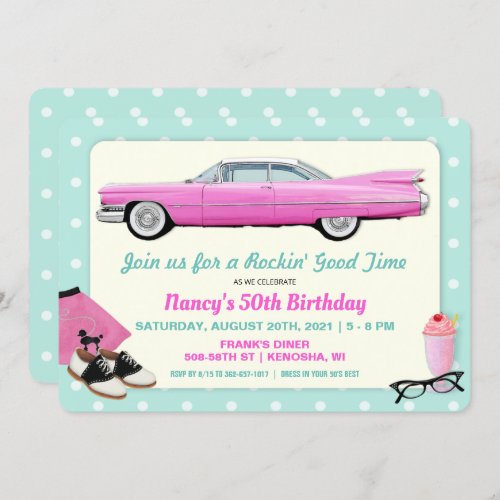 ANY AGE _ 1950s Retro Pink Cadillac Birthday Invitation