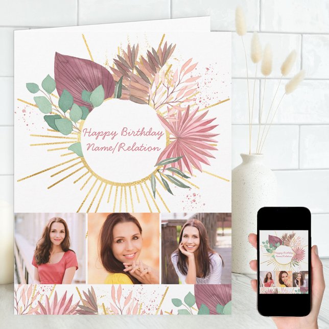 Any Age 3 Photo Collage Personalized Boho Birthday Card (Creator Uploaded)