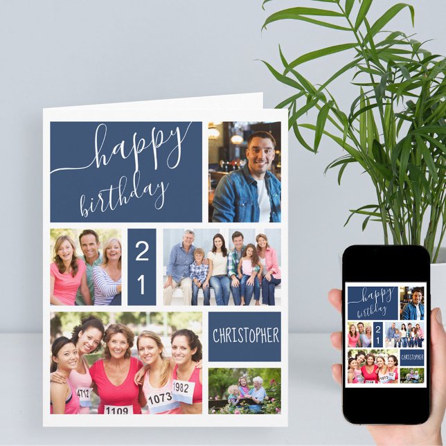 Any Age 5 Photo Collage Blue Personalized Birthday Card (Creator Uploaded)