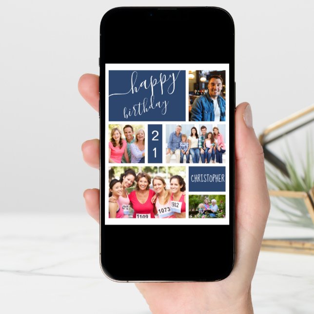 Any Age 5 Photo Collage Blue Personalized Birthday Card (Front Digital)