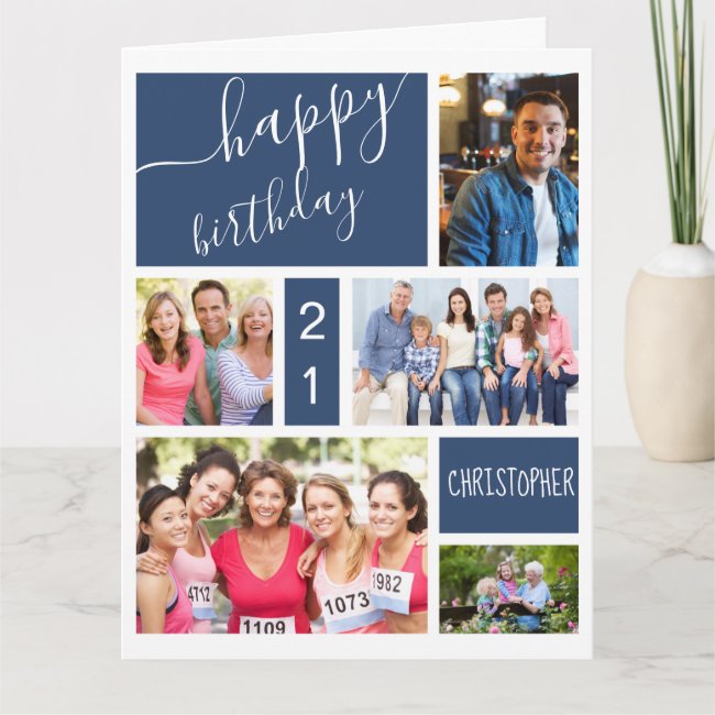 Any Age 5 Photo Collage Blue Personalized Birthday Card