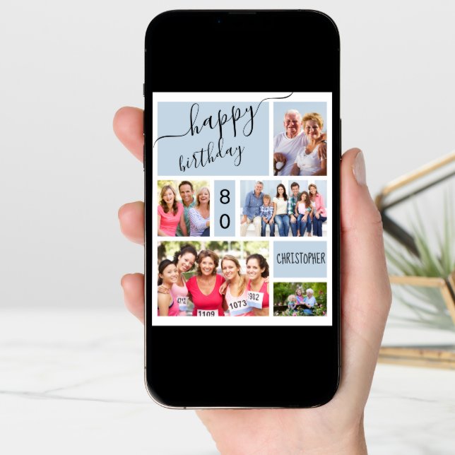 Any Age 5 Photo Collage Grey Blue Custom Birthday Card (Front Digital)