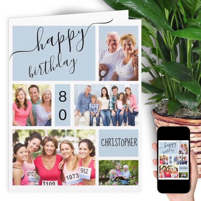 Any Age 5 Photo Collage Grey Blue Custom Birthday Card (Creator Uploaded)