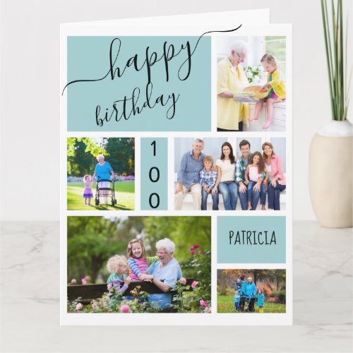 Any Age 5 Photo Collage Light Blue Custom Birthday Card