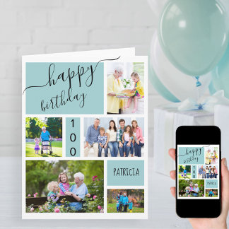 Any Age 5 Photo Collage Light Blue Custom Birthday Card