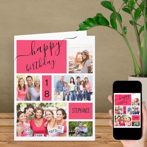 Any Age 5 Photo Collage Pink Personalized Birthday Card