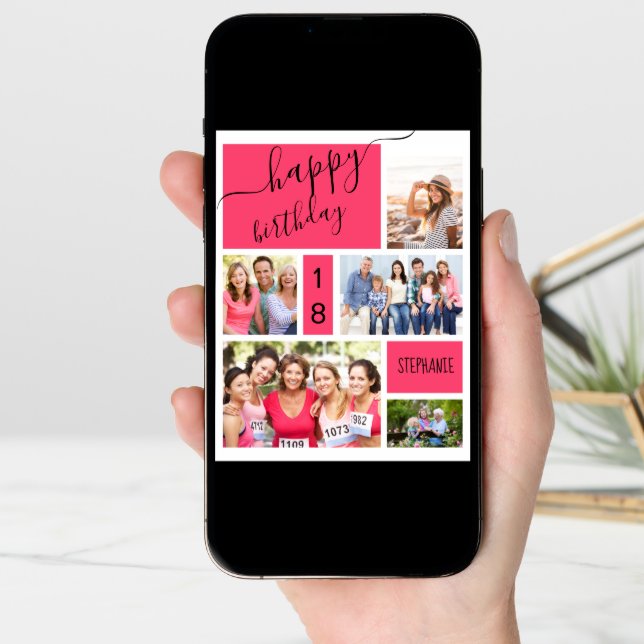 Any Age 5 Photo Collage Pink Personalized Birthday Card (Front Digital)