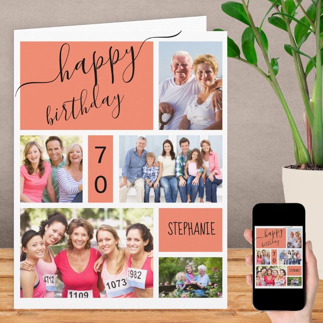 Any Age 5 Photo Collage Salmon Custom Birthday Card (Creator Uploaded)