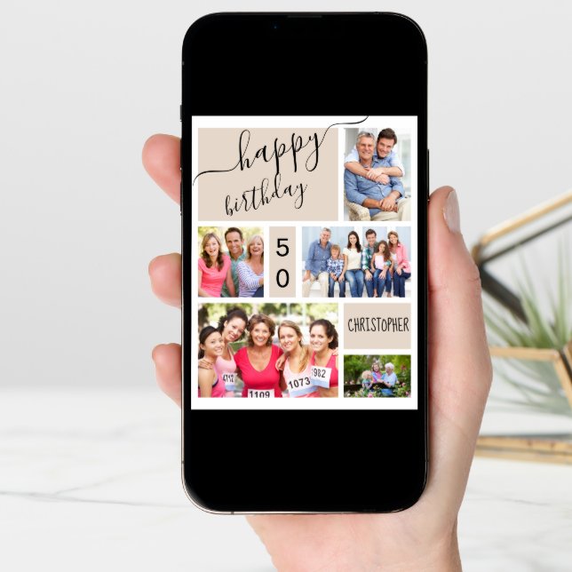 Any Age 5 Photo Collage Stone Custom Birthday Card (Front Digital)