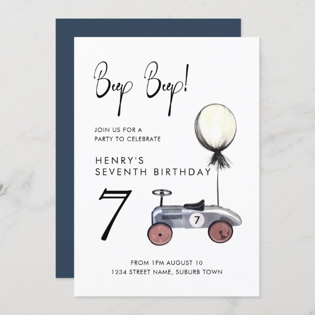 Any Age 7th Birthday Vintage Race Car Invitation (Front/Back)