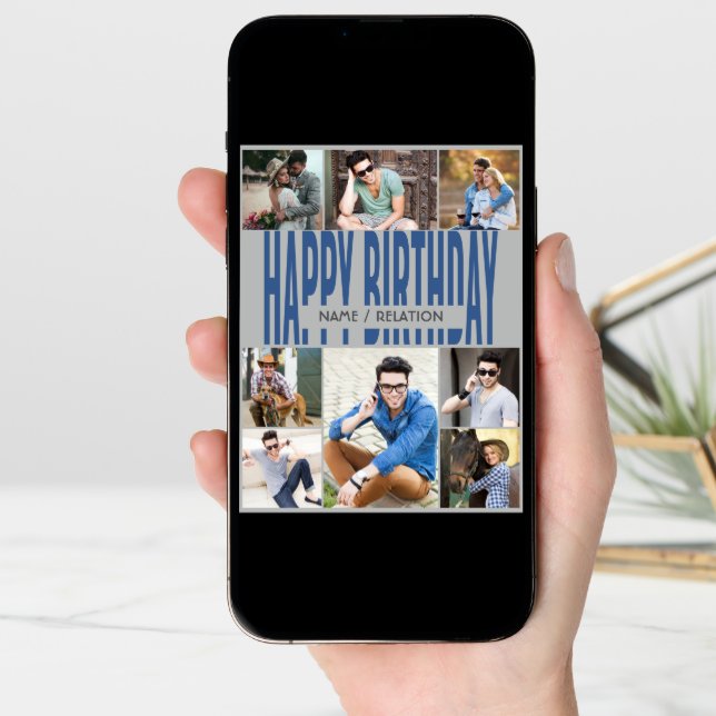 Any Age 8 Photo Collage Blue Grey Birthday Card (Front Digital)