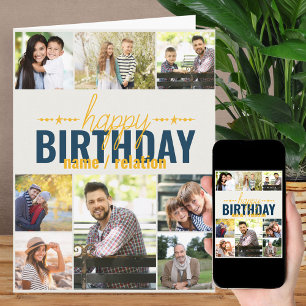 Any Age 8 Photo Collage Blue Personalized Birthday Card