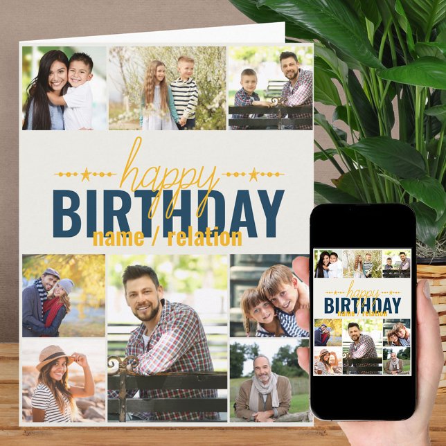 Any Age 8 Photo Collage Blue Personalized Birthday Card (Creator Uploaded)