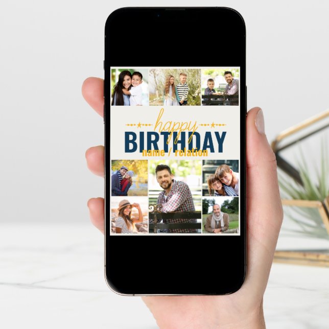 Any Age 8 Photo Collage Blue Personalized Birthday Card (Front Digital)