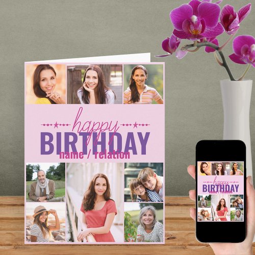 Any Age 8 Photo Collage Personalized Pink Birthday Card