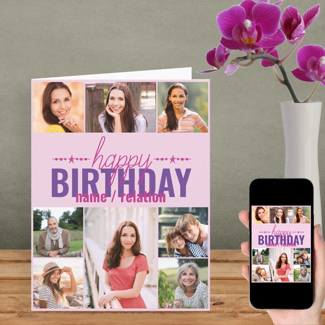 Any Age 8 Photo Collage Personalized Pink Birthday Card (Creator Uploaded)