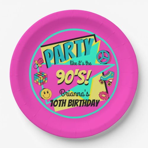 ANY AGE 90s birthday party pink teal personalized Paper Plates