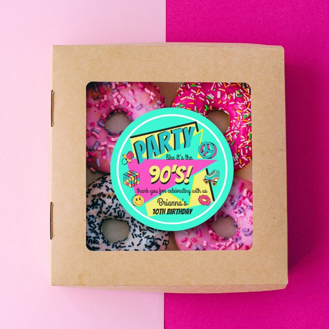 ANY AGE 90's birthday party teal thank you favor Classic Round Sticker (Creator Uploaded)