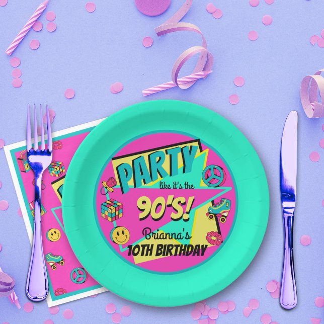 ANY AGE 90's party aqua pink teal personalized Paper Plates (Creator Uploaded)