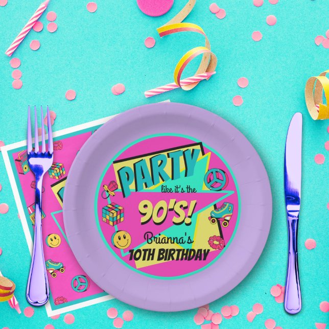ANY AGE 90's party purple pink teal personalized Paper Plates (Creator Uploaded)