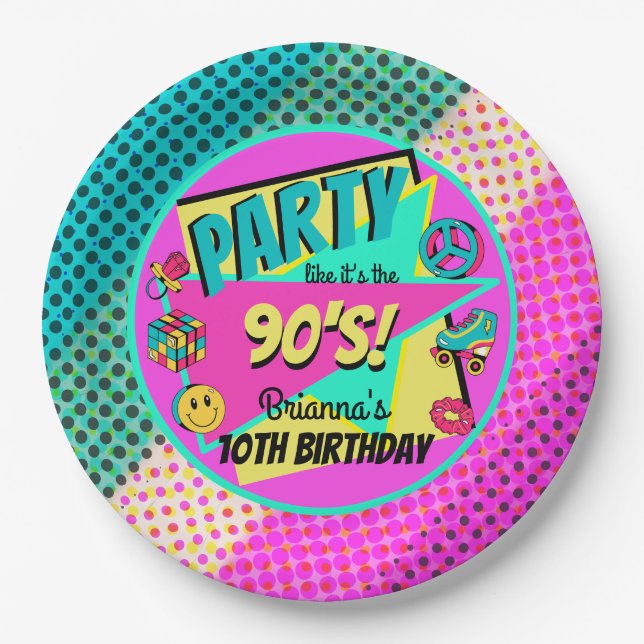 ANY AGE 90s party rainbow halftone pink teal   Paper Plates (Front)