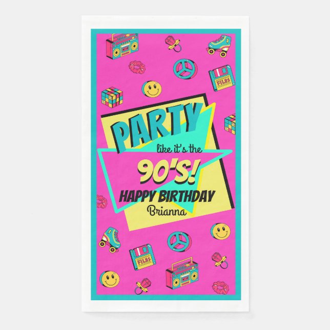 ANY AGE 90's retro birthday guest towel napkins (Front)