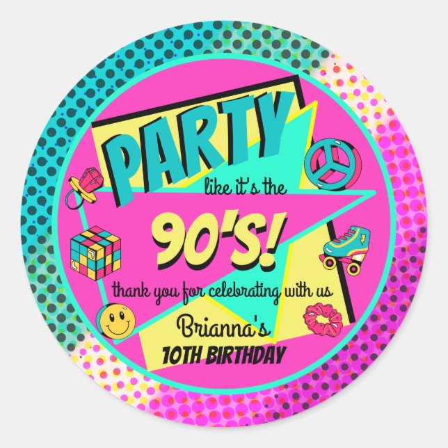 ANY AGE 90's retro birthday party thank you favor Classic Round Sticker (Front)