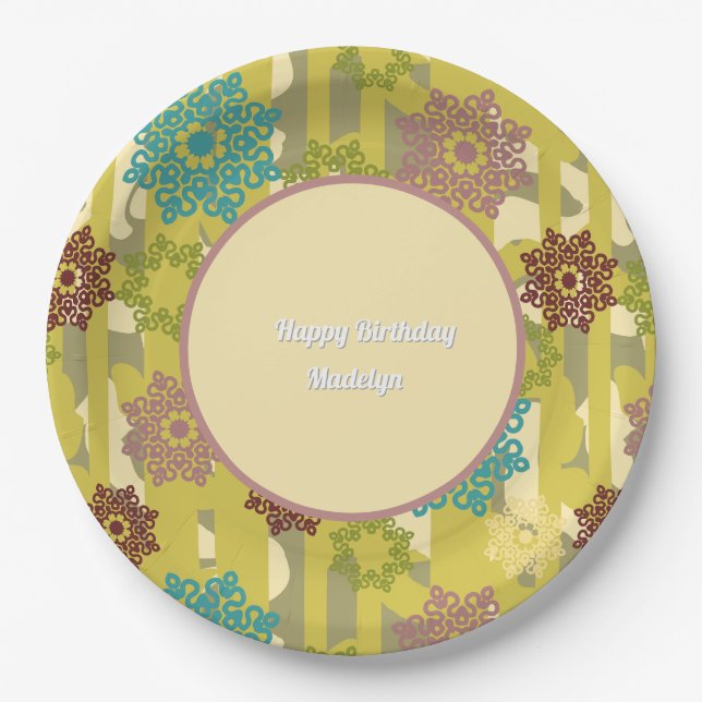 Any Age Abstract Floral Pattern Birthday Paper Plates (Front)