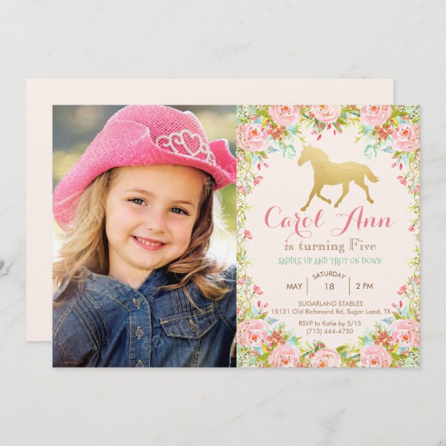 ANY AGE/ADD PHOTO - Horse Birthday Invitation (Front/Back)