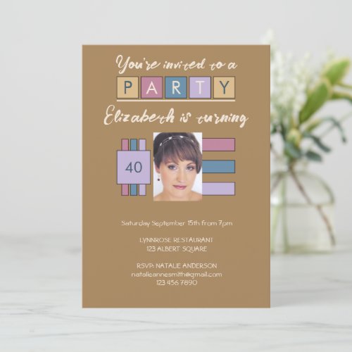Any age add photo name brown birthday party invitation