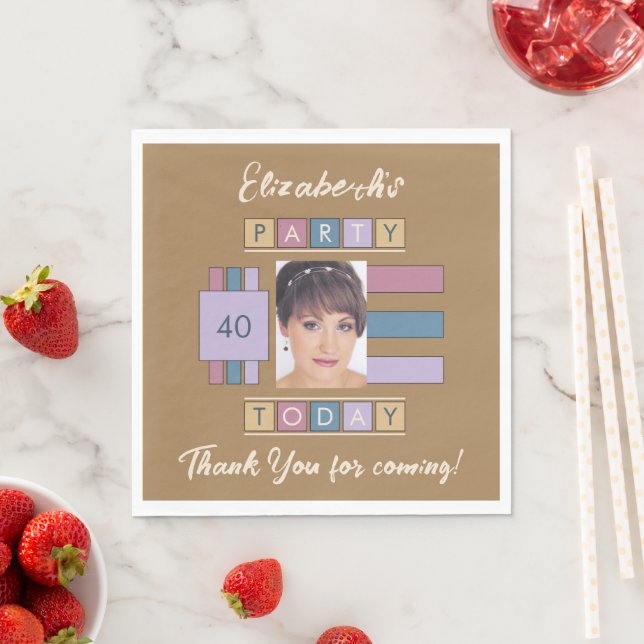 Any age add photo name brown birthday party napkins (Insitu)