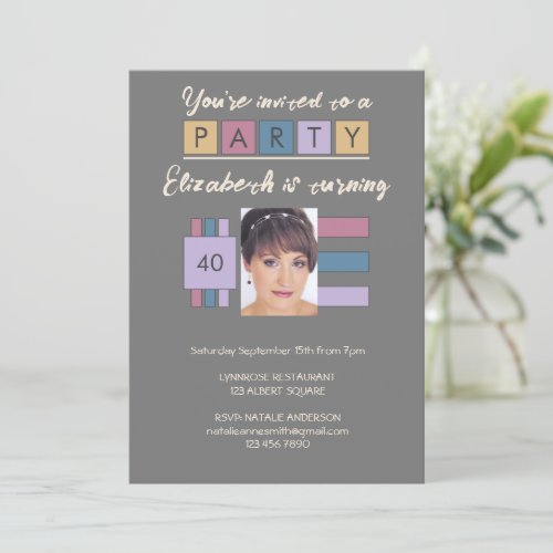 Any age add photo name brown grey birthday party invitation