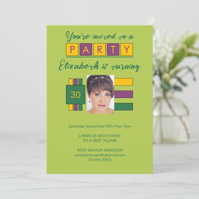 Any age add photo name green birthday party invitation (Standing Front)