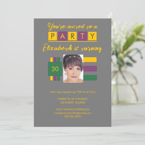 Any age add photo name green grey birthday party