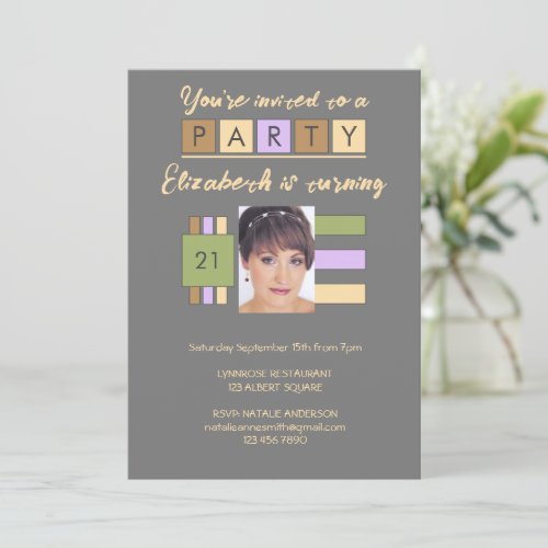 Any age add photo name grey lilac birthday party