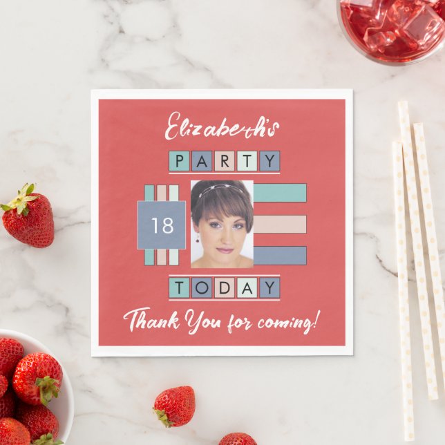 Any age add photo name red birthday party napkins (Insitu)
