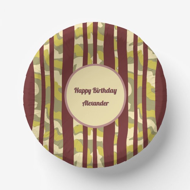Any Age Adult Birthday Camo Stripes Pattern Paper Bowls (Front)