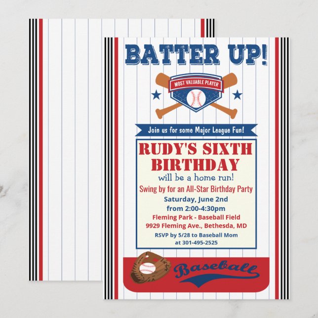 ANY AGE - Baseball Birthday Party Invitation (Front/Back)