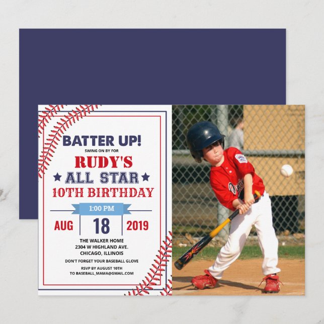 ANY AGE - Baseball Birthday Photo Invitation (Front/Back)