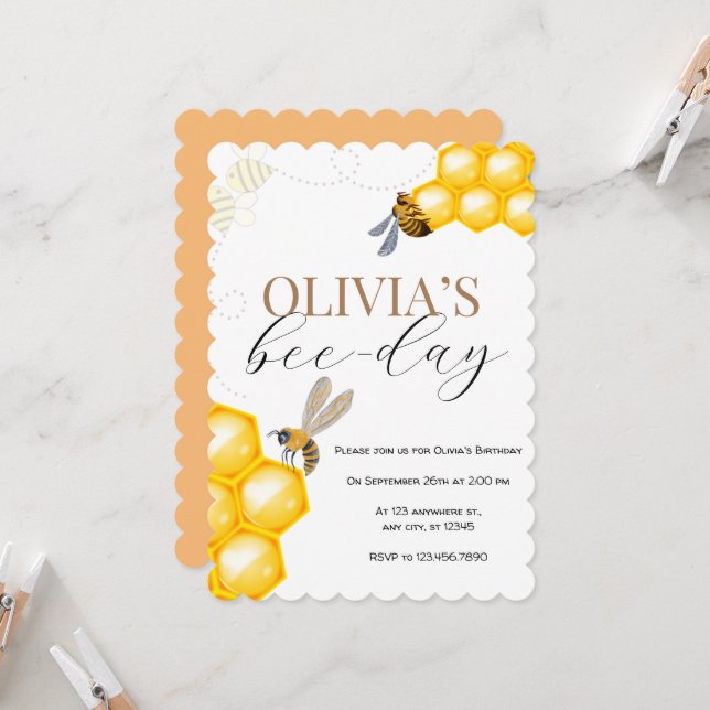 Any age, bee theme girl birthday  invitation (Front/Back In Situ)