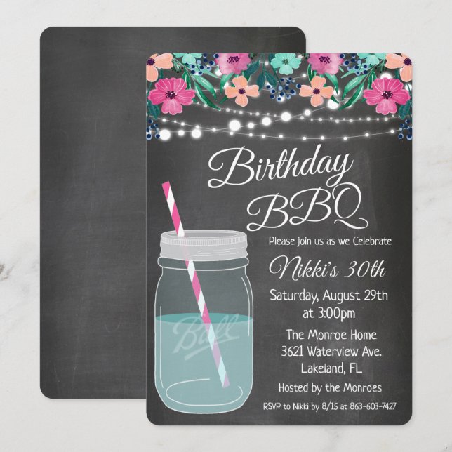ANY AGE - Birthday BBQ Mason Jar Invitation (Front/Back)