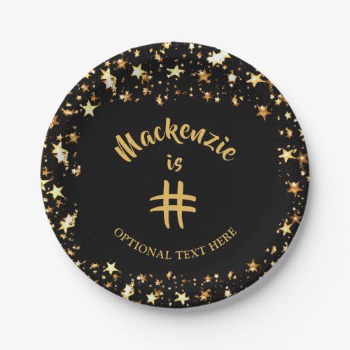 Any Age Birthday Black and Gold Stars Name Paper Plates