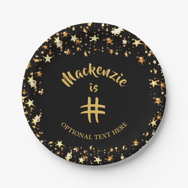 Any Age Birthday Black and Gold Stars Name Paper Plates (Front)