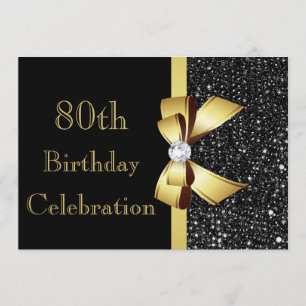 Any Age Birthday Black Faux Sequins Gold Bow Invitation