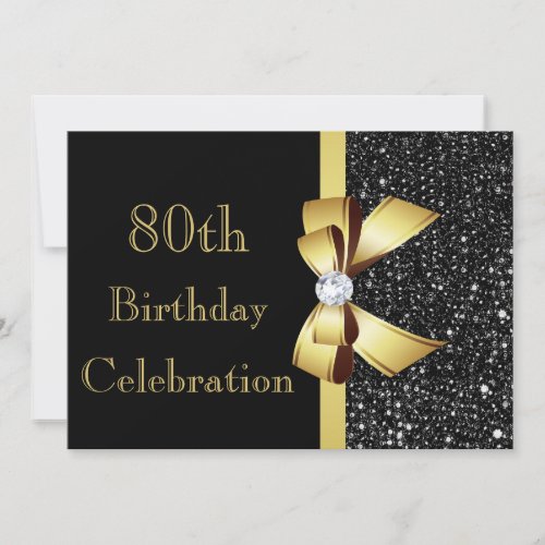 Any Age Birthday Black Faux Sequins Gold Bow Invitation