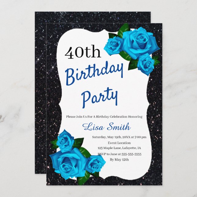 Any Age Birthday Black Glitter Blue Roses Invitation (Front/Back)