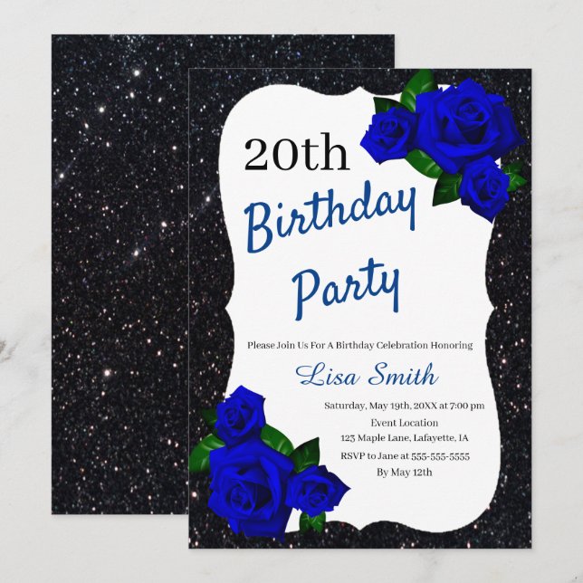 Any Age Birthday Black Glitter Deep Blue Roses Invitation (Front/Back)