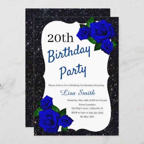 Any Age Birthday Black Glitter Deep Blue Roses Invitation