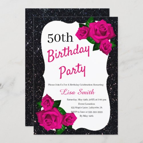 Any Age Birthday Black Glitter Pink Roses Invitation