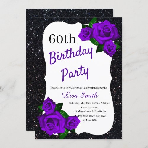Any Age Birthday Black Glitter Purple Roses Invitation
